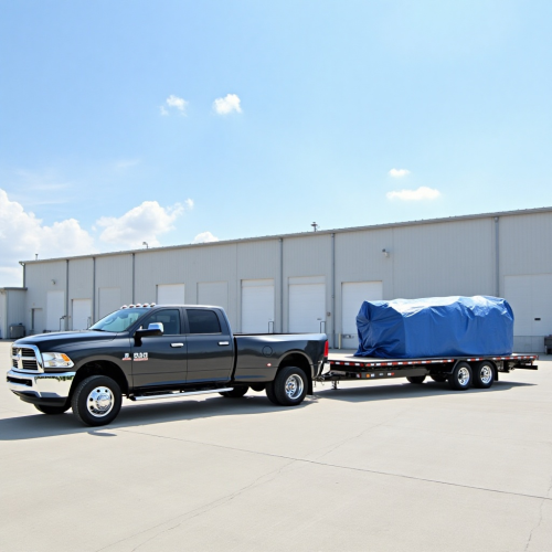 Hotshot pickup truck with loaded trailer and blue tarp in front of warehouse
