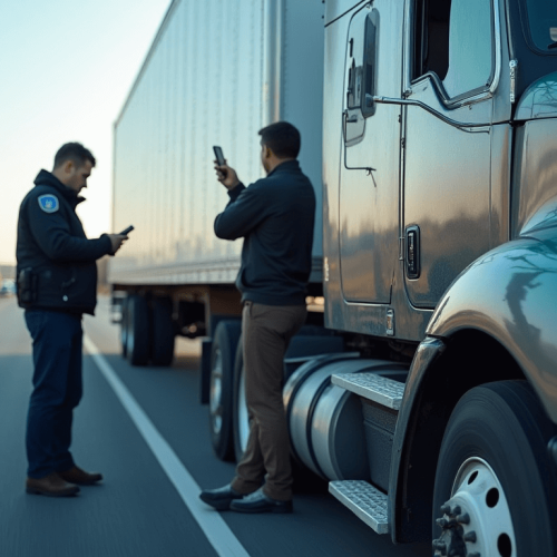 Police officer and truck driver recording information after a truck accident on the highway.