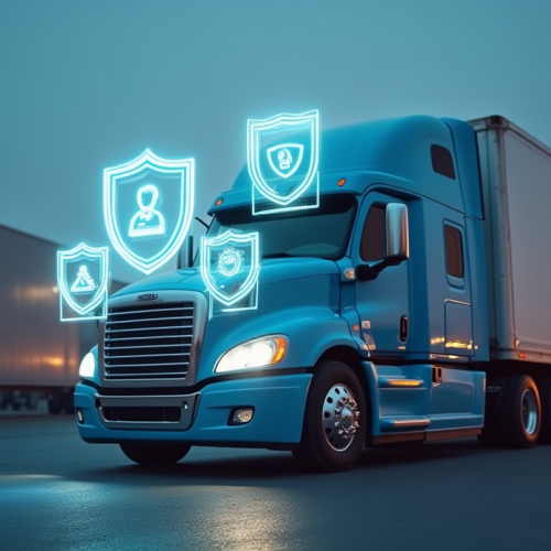 Blue semi-truck with glowing digital shields representing insurance coverage.